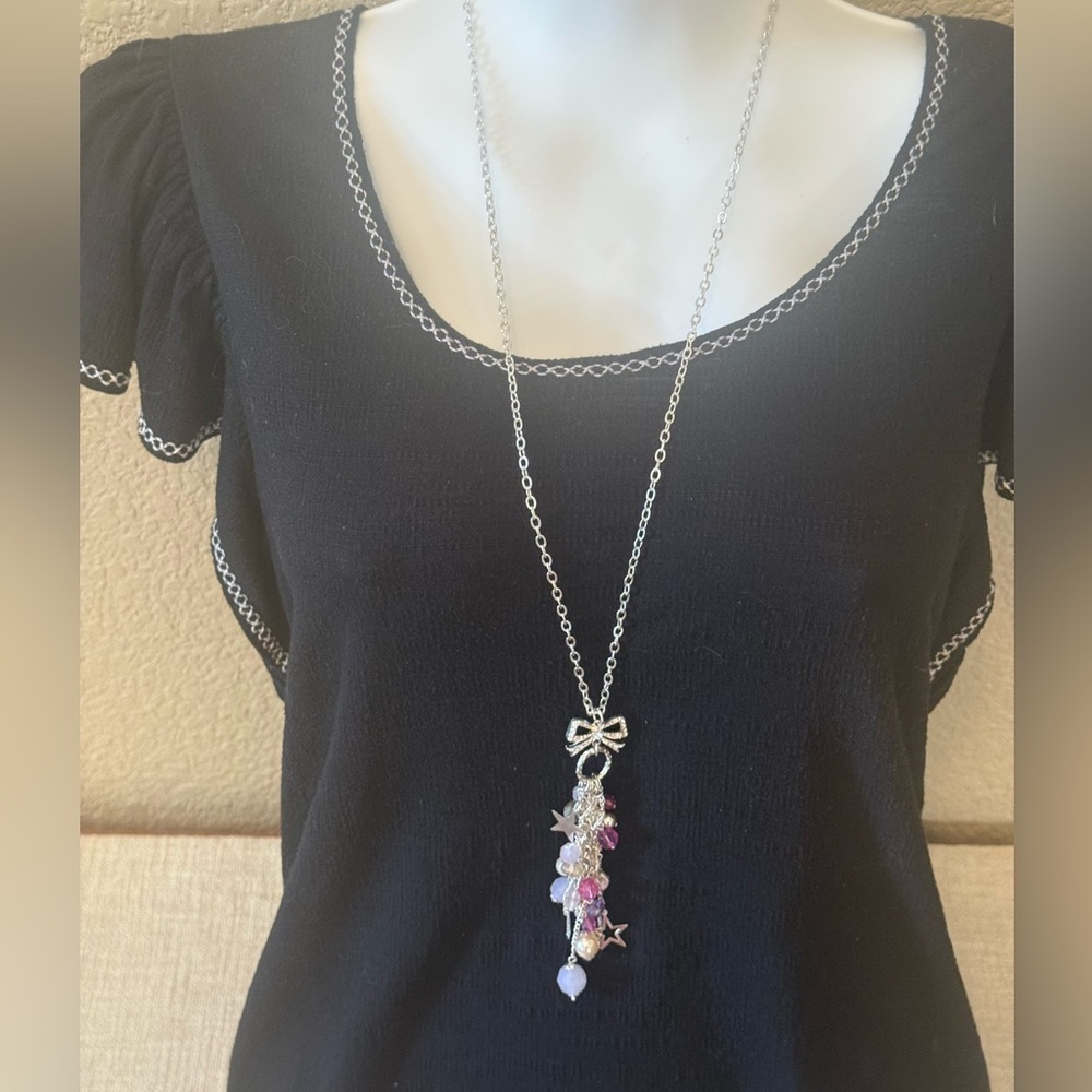 NWOT MIXIT Silver Bow Tie Necklace with Purple Accents